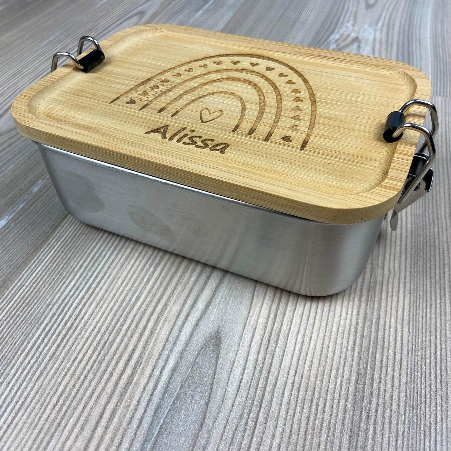Lunchbox "Regenbogen" - mit Name personalisiert - aus Edelstahl mit Bambusdeckel