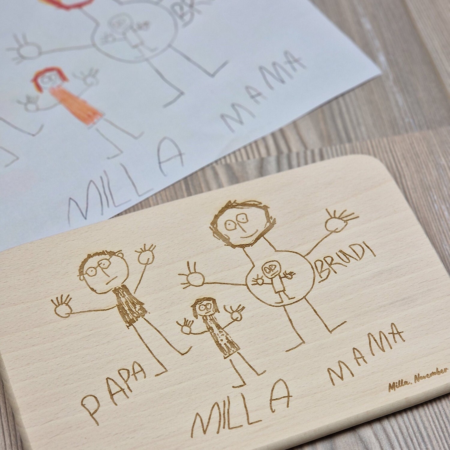 Brettchen Kinderkunstwerk - Kinderzeichnung im Original graviert - Deisterwerke