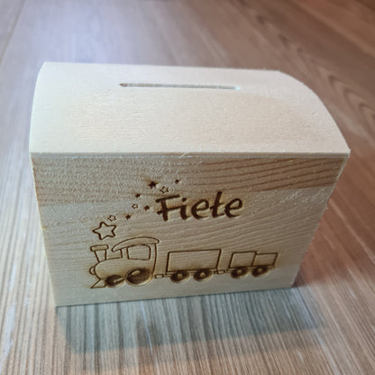 Spardose Truhe "Eisenbahn" - mit Name personalisiert - Deisterwerke