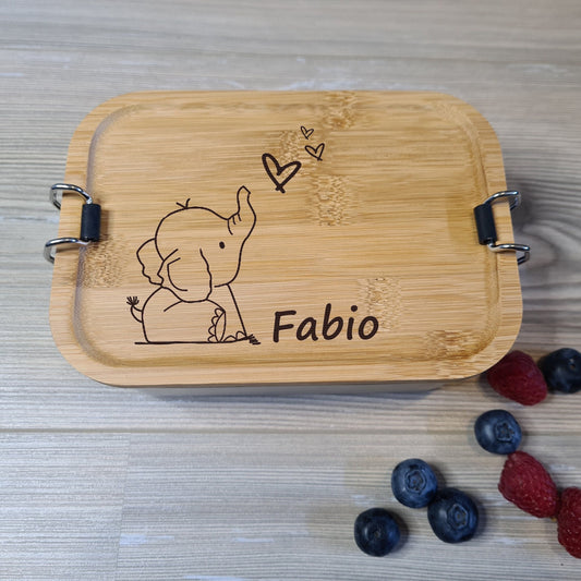 Lunchbox "Elefant" - mit Name personalisiert - aus Edelstahl mit Bambusdeckel