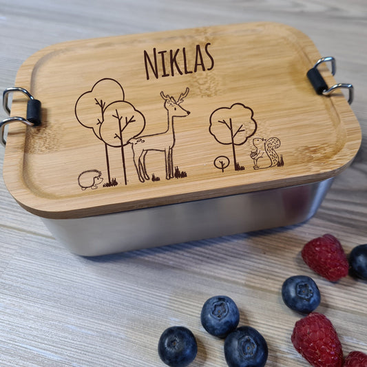 Lunchbox "Wald" - mit Name personalisiert - aus Edelstahl mit Bambusdeckel