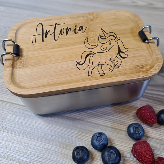 Lunchbox "Einhorn" - mit Name personalisiert - aus Edelstahl mit Bambusdeckel