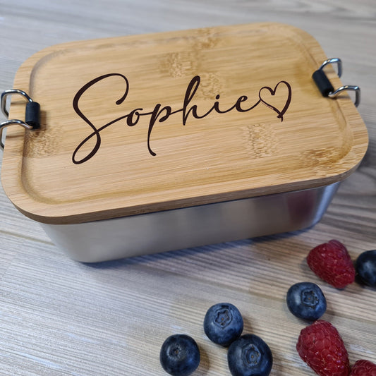 Lunchbox "Name Schreibschrift"  aus Edelstahl mit Bambusdeckel, personalisiert mit Name und Wunschmotiv