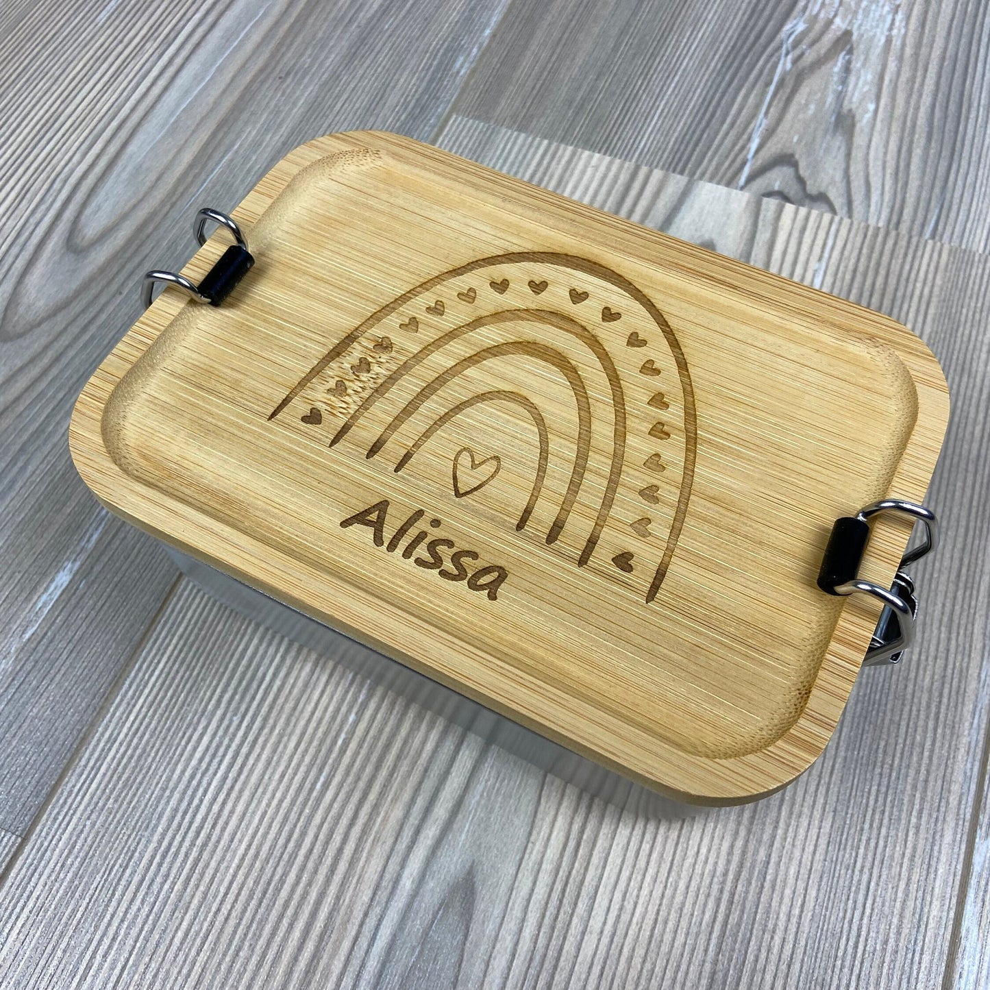 Lunchbox "Regenbogen" - mit Name personalisiert - aus Edelstahl mit Bambusdeckel
